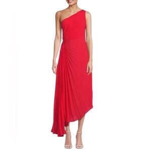 Nicole Miller Pure Red Accordion Pleated Cutout Midi One-Shoulder Dress NWT 4